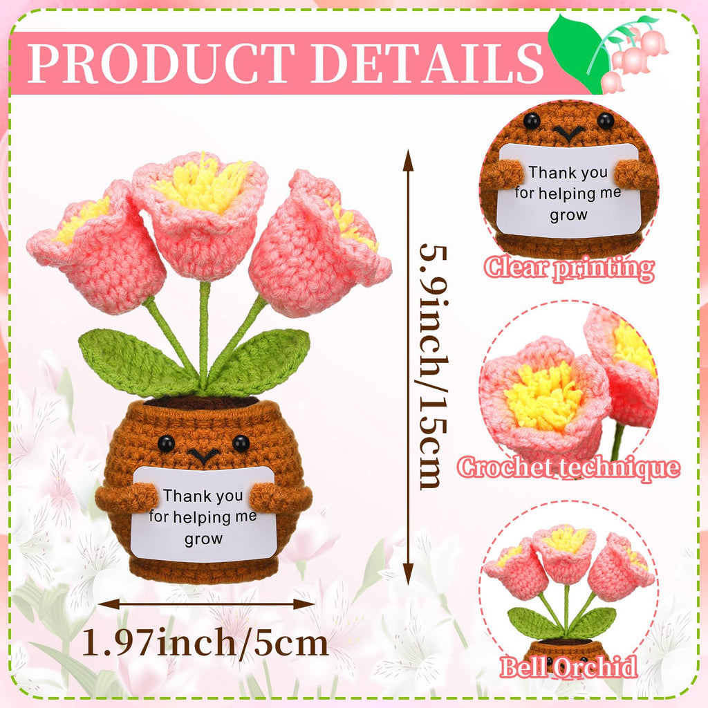 Wavwavw Teacher's Day Appreciation Gifts Thank You for Helping Me Grow Handmade Crochet Flower Doll with Card for Teacher Graduation Gifts Office Decor(Bell Orchid)