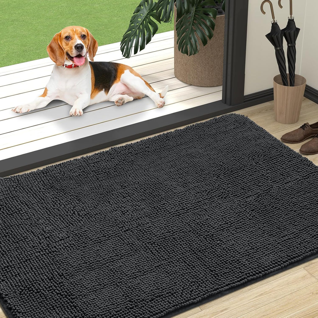 OLANLY Dog Door Mat - Absorbent Non-Slip Chenille Mat for Muddy Paws | 47x32 Dark Grey Indoor Carpet