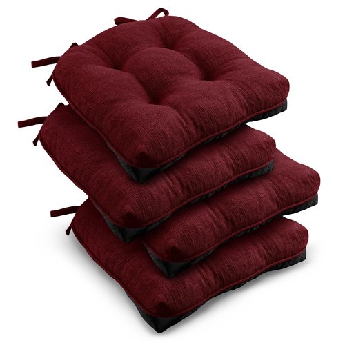 downluxe Indoor Chair Cushions for Dining Chairs, Tufted Overstuffed Textured Kitchen Chair Pads with Ties and Non-Slip Backing, 15.5" x 15.5" x 4", Burgundy, 4 Pack