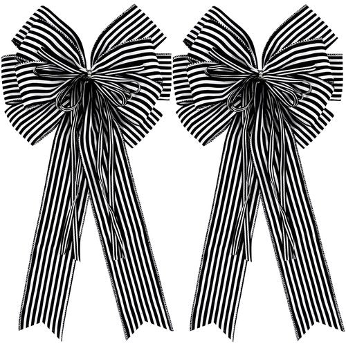 Hongsome 2 Pack Black White Stripe Halloween Fall Bows for Wreaths,12”x20”Black and White Christmas Decorations Bow for Tree Topper Gothic Spooky Holiday Birthday Party Wall Home Front Door