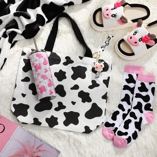 FillTouch 6 Pcs Cow Gifts Sets for Women Includes Tumbler Blanket Socks Slippers Tote Bag Keychain Pink Cow Print Stuff for Teachers Mother Nurses Day Birthday Farm Cowgirl Lovers Gifts