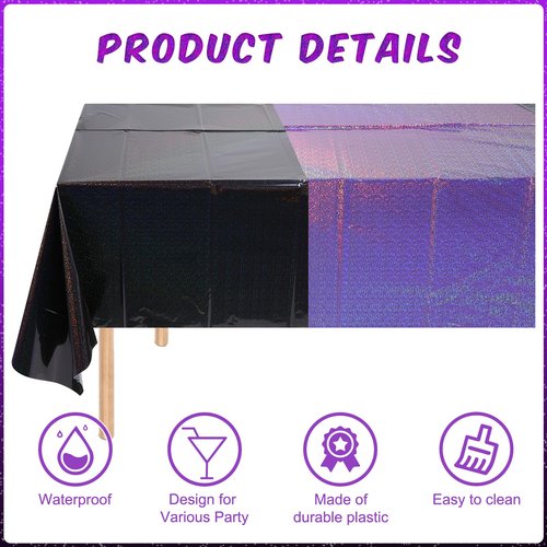 4 Pack Iridescent Black and Purple Plastic Tablecloth 54x108 Inch, Holographic Laser Disposable Table Cover, Rectangle Black and Purple Table Cloth for Halloween Holiday Birthday Party Decorations