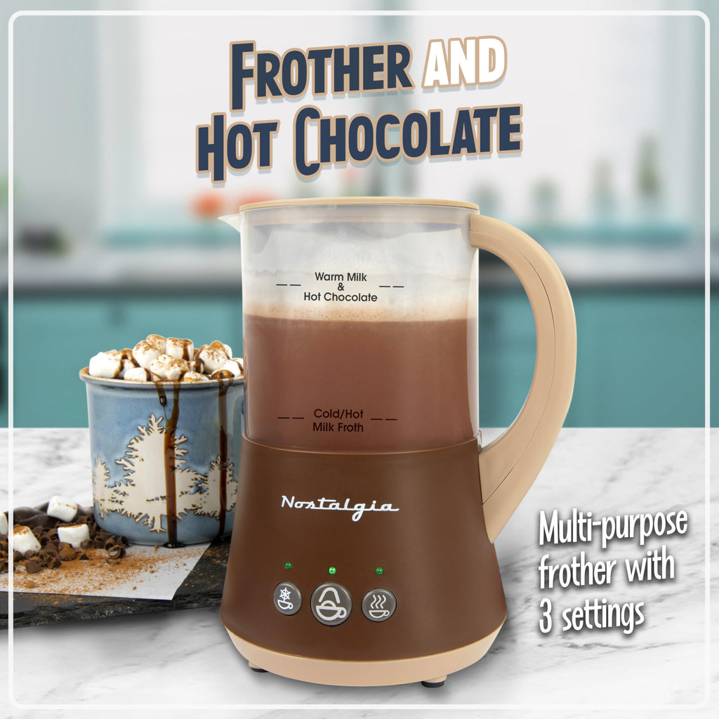 Nostalgia 32 Oz Frother and Hot Chocolate Maker, Warm or Cold Milk Foam, Includes Cocoa Bomb Mold, for Coffees, Lattes, Cappuccinos, Brown