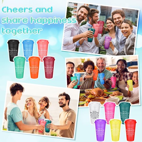 Skylety 96 Pcs Appreciation Tumblers Gifts Bulk 16 oz Thank You Teacher Employee Plastic Coffee Cups with Lids Colorful Reusable Inspirational Tumblers for Coworker Staff Christmas