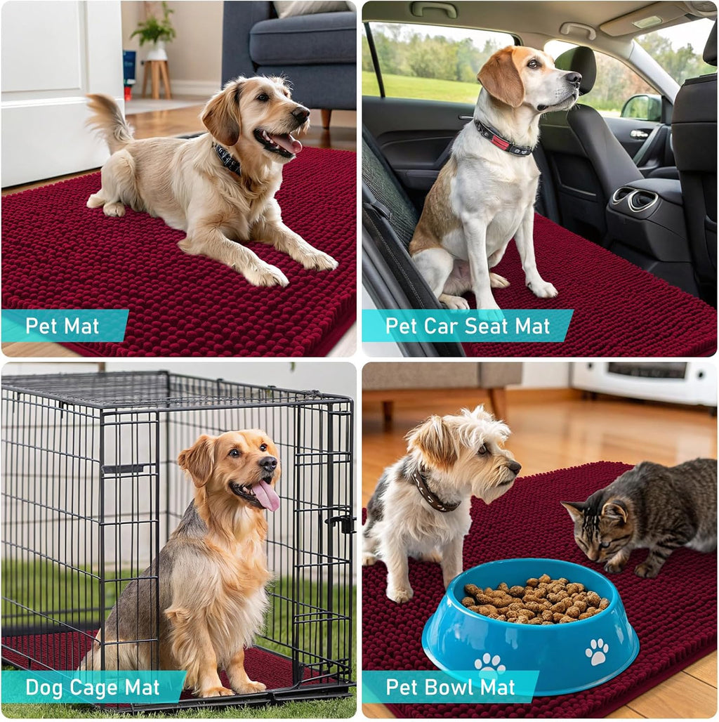 OLANLY Dog Door Mat - Absorbent Non-Slip Chenille for Muddy Paws | 40x32, Quick Dry, Burgundy