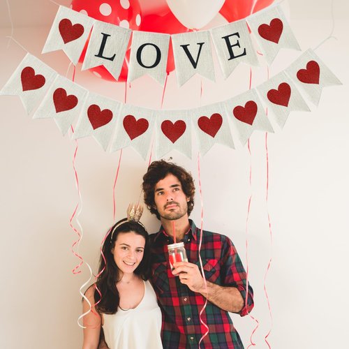 Valentine's Day Burlap Banner Decorations - Pre-Strung Love & Red Glitter Heart Garland, Rustic Anniversary Wedding Decor, No-Shed Glitter Heart Bunting for Mantel, Party, Office