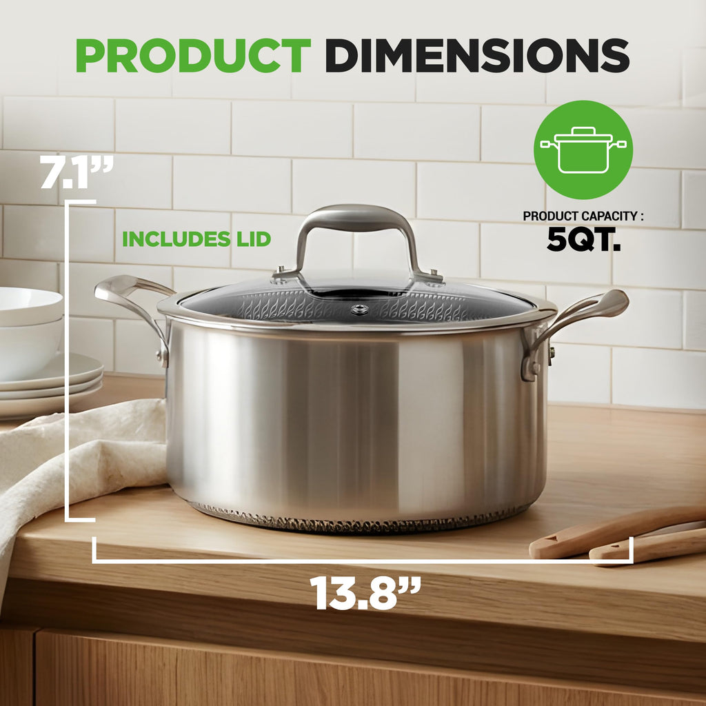 NutriChef 5 QT Stainless Steel Stew Pot - Triply Kitchenware Stew Pot with Glass Lid - DAKIN Etching Non-Stick Coating, Scratch-resistant Raised-up Honeycomb Fire Textured Pattern - NutriChef NC3PCAS