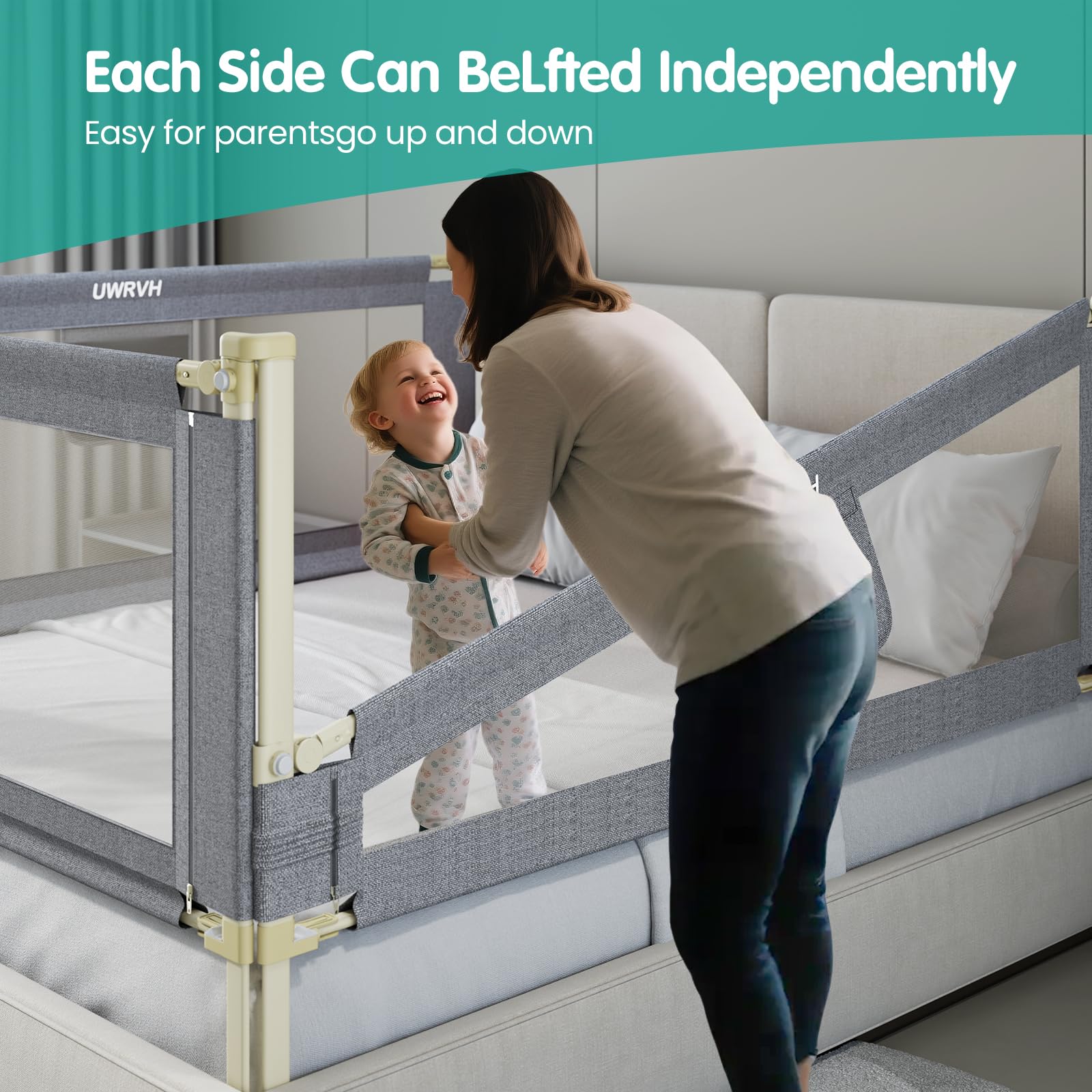 UWRVH Bed Rails for Toddlers，Toddler Bed Rails，Bed Rail for Baby - Adjustable Height Bed Guard with Child Safety Lock, Universal Fit for King/Full/Twin Beds (Grey, 1 Side 74.8Inch)