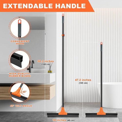 JEHONN Heavy-Duty Floor Squeegee - 58.3-Inch Long Handle Rubber Scraper for Indoor & Outdoor Cleaning