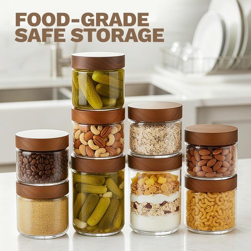 Bumobum 16 oz Overnight Oats Containers with Lids, Glass Mason Jars with Acacia Wood Airtight Lid, Wide Mouth Glass Canisters for Food Storage Chia Pudding Snacks Yogurt Spice Meal Prep, 4-Pack