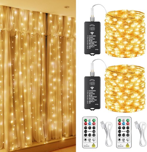 HXWEIYE 300L Curtain Lights - 100 LED Rechargeable Outdoor Fairy Lights with Remote & Timer Bundle