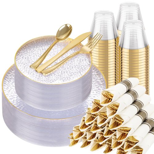 Hioasis 350pcs Clear Gold Plastic Plates - Clear Plastic Dinnerware Set Includes 50 Dinner Plate, 50 Dessert Plate, 50 Cups, 50 Napkins Perfect for Wedding & Party