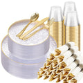 Hioasis 350pcs Clear Gold Plastic Plates - Clear Plastic Dinnerware Set Includes 50 Dinner Plate, 50 Dessert Plate, 50 Cups, 50 Napkins Perfect for Wedding & Party