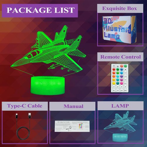 POSSHE Warplane Night Light, Airplane Gifts, Aviation 3D Illusion Night Light with 16 Colors Changing, Remote Control with Timer, Fighter Kids Room Decoration for Holiday Birthday Christmas