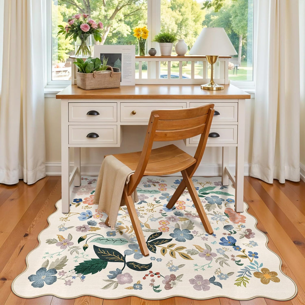 Skiennix Washable 4x4 Square Area Rug - Floral Scalloped Soft Non-Slip Carpet for Living Room & Nursery (Cream)