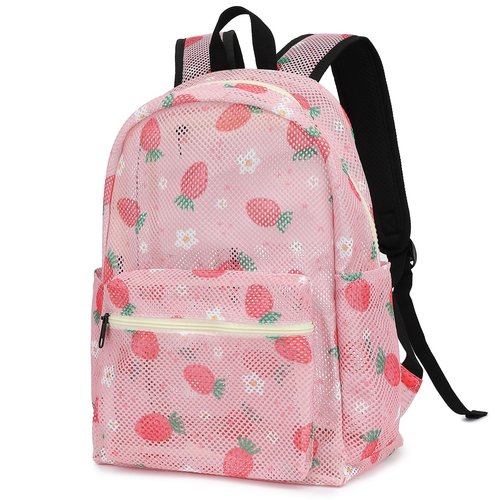 Xunteny Strawberry Mesh Backpack for Girls Women, Semi-Transparent Kids School Backpack College Bookbag for Beach Gym Travel