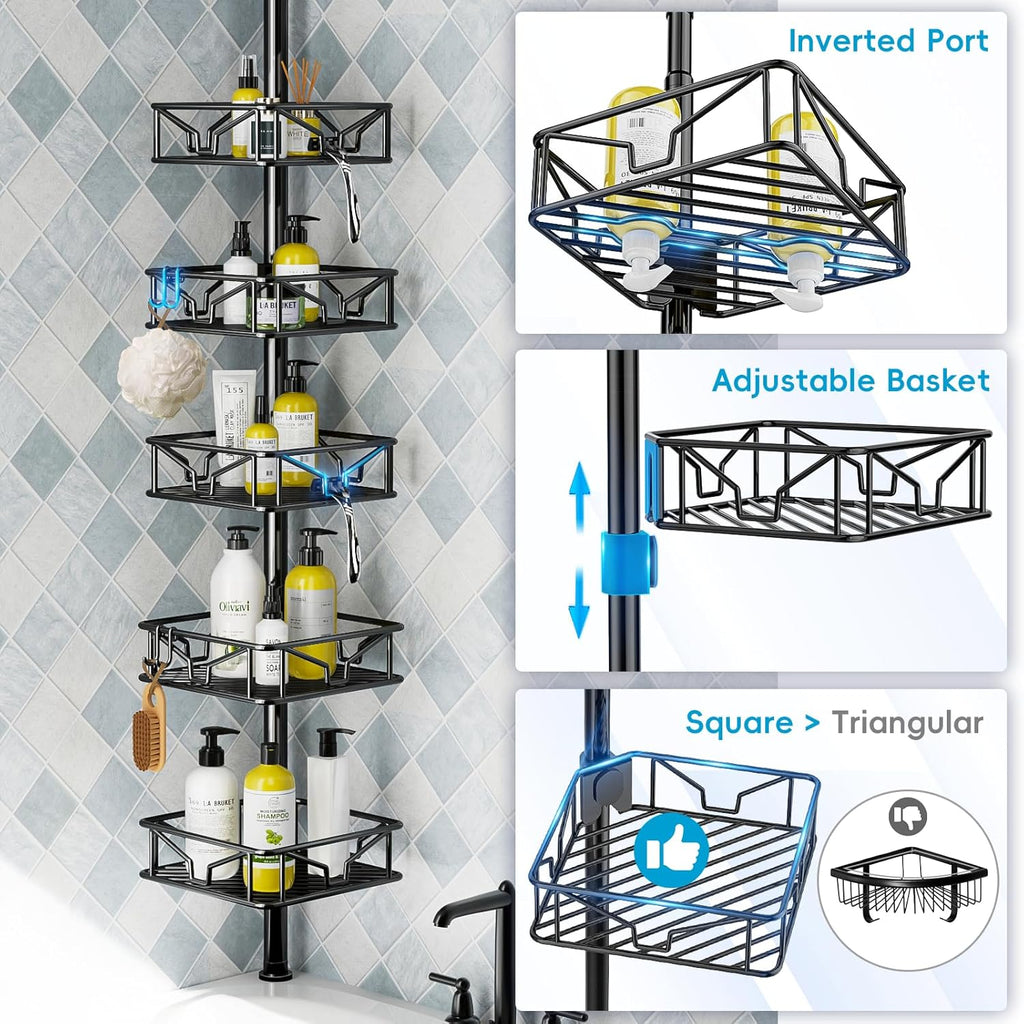 Skycarper 5-Tier Adjustable Corner Shower Caddy - Rustproof Tension Pole, 62-116 Inch, Black