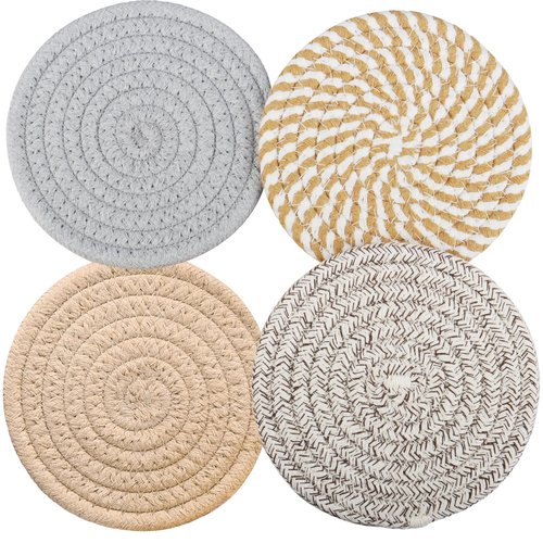 4.8 Inch Woven Drink Coasters Set of 4, Thick Absorbent Coasters, Boho Cotton Neutral Fabric Coaster for Desk Table Office Decor Posavasos for Coffee Cups with Gift Box (Multicolored, 4Pack)