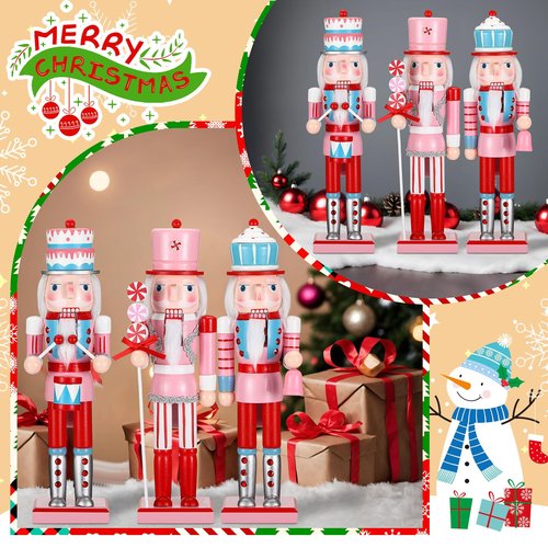 Geetery 3 Pcs Valentine Nutcracker Figures Decor 14 Inch Wood Pink Nutcracker Table Centerpiece Valentine Gift for Holiday Shelves Indoor Tabletop(Cake Style)