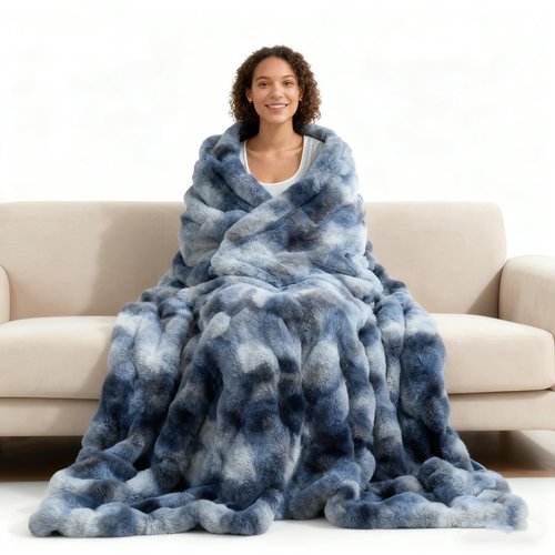 Andtry Faux Fur Throw Blanket for Couch, Soft Fuzzy Plush Thick Bubble Rabbit Fur Blanket for Sofa Bedroom Living Room, 50 * 70 Inches Tie-dye Blue