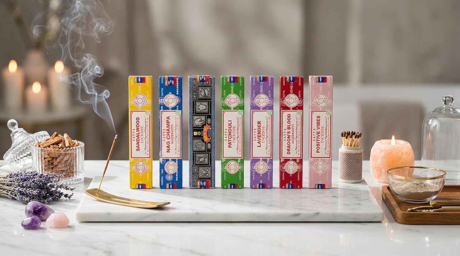Satya Incense Gift Set - Nag Champa, Dragon's Blood, Sandalwood & Lavender | 15g for Positive Vibes