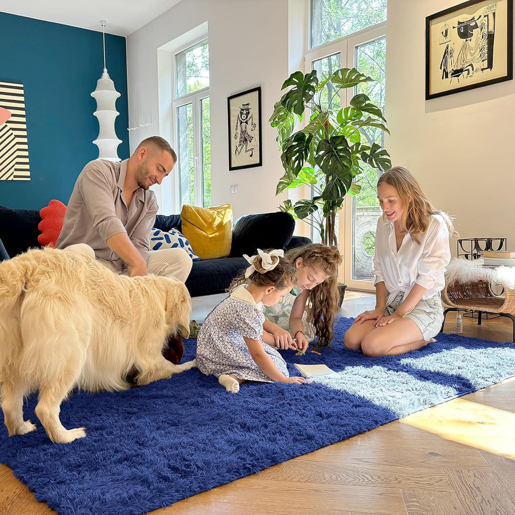 OLANLY Large 5x7 Machine Washable Area Rug - Soft Fluffy Shaggy Carpet for Living Room & Bedroom | Navy Blue