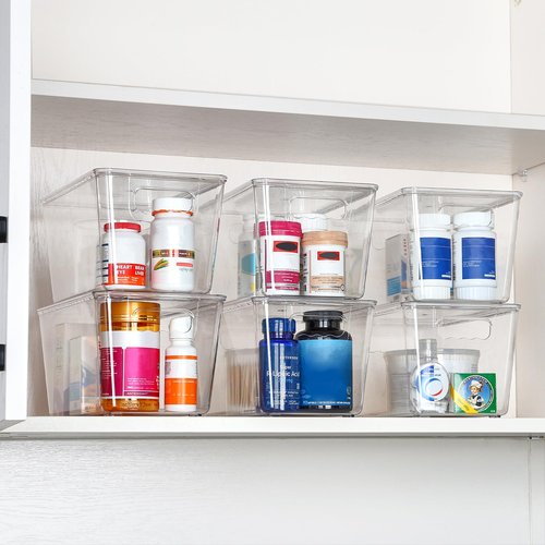 Vtopmart 12 Pack Clear Stackable Storage Bins with Lids, Medium Plastic Containers with Handle for Pantry Organizer and Storage,Perfect for Kitchen,Fridge,Cabinet, Closet,Bathroom Organization