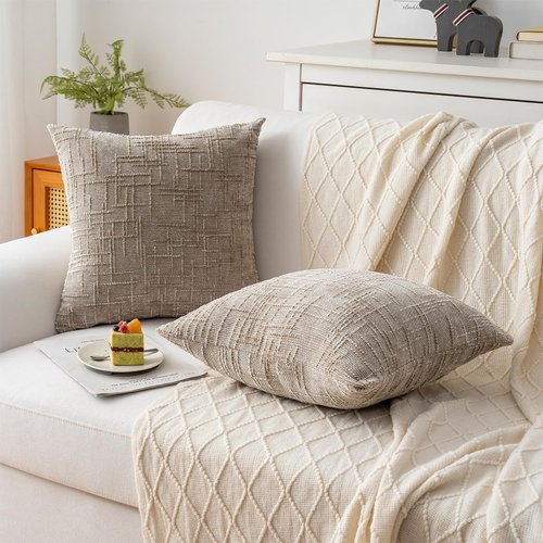ZSkogur Decorative Throw Pillow Covers 18x18 Inch Set of 2, Soft Solid Farmhouse Chenille Couch Pillows, Spring Pillow Covers for Couch Sofa Bed Living Room Home Decor Pillowcase, Light Khaki