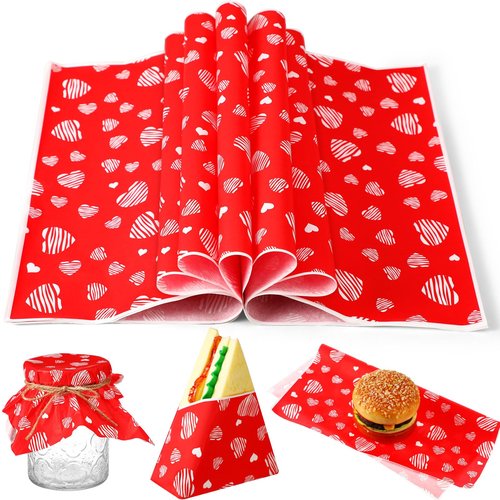 Marspark 100 Sheets Valentine's Day Heart Wax Paper for Food Wrapping 11.4 x 11 Inches Red Food Basket Wax Paper for Spring Picnic Wedding Birthday Candy Cookies Sandwich Burgers Greaseproof Wrapping