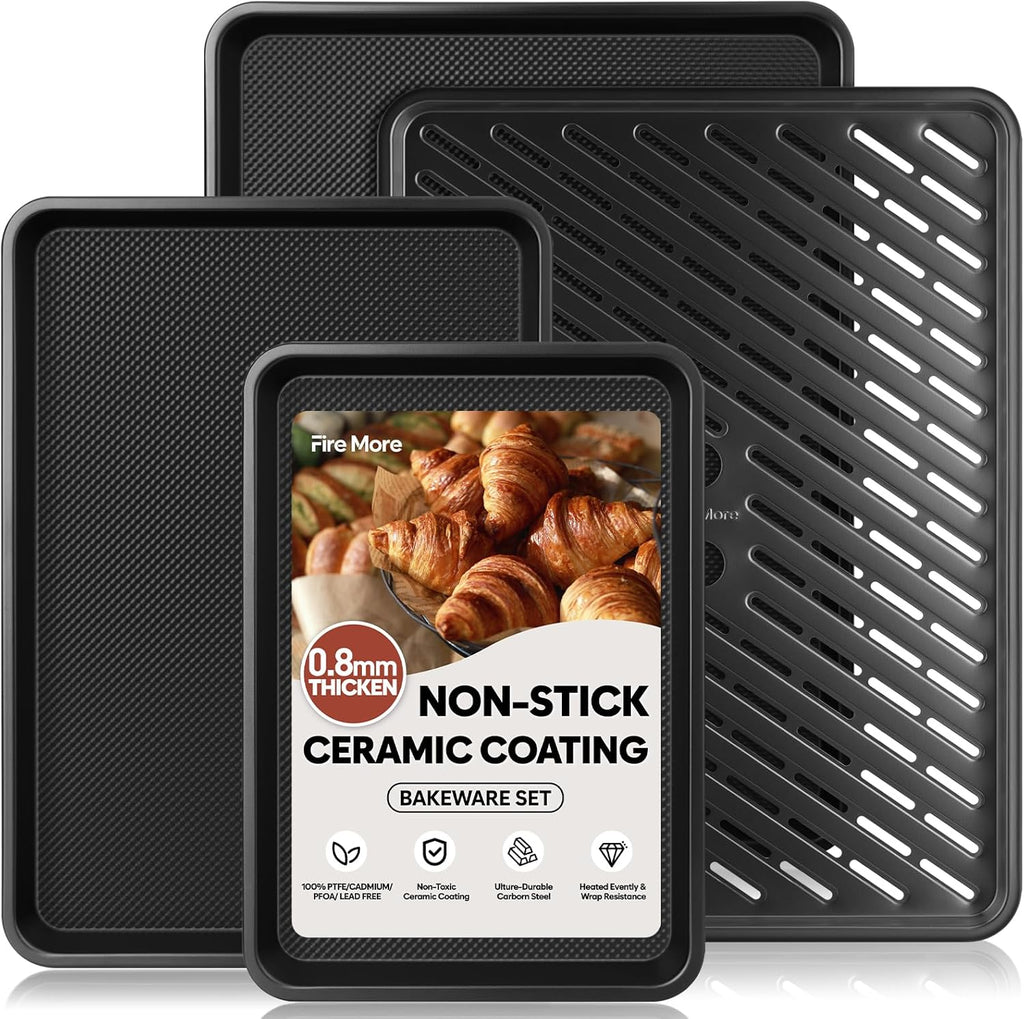 Skiennix Nonstick Cookie Sheets - Heavy Duty Baking Set with Cooling Rack | 4-Piece, 0.8mm Thickness