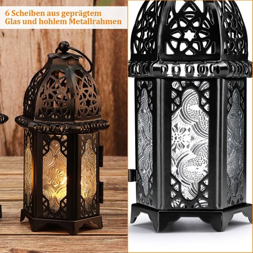 IMAGE Metal Candle Lantern - 6.7" Hanging Moroccan Birdcage Holder with Glass - Black Tabletop Decor