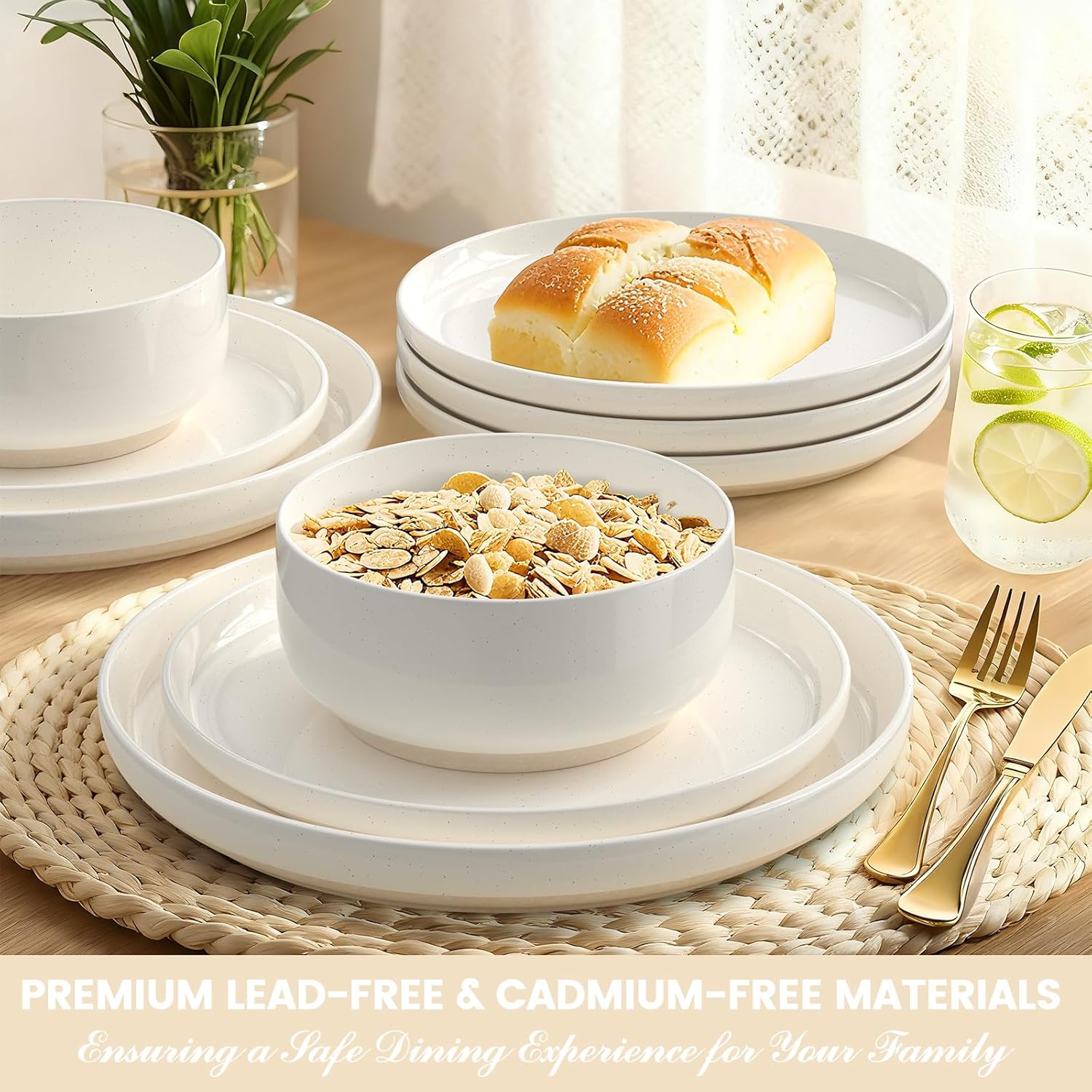 Skiennix Dinnerware Set - 12-Piece Ceramic Plates & Bowls Set for 4 | Scratch Resistant, Microwave & Dishwasher Safe, Cream White