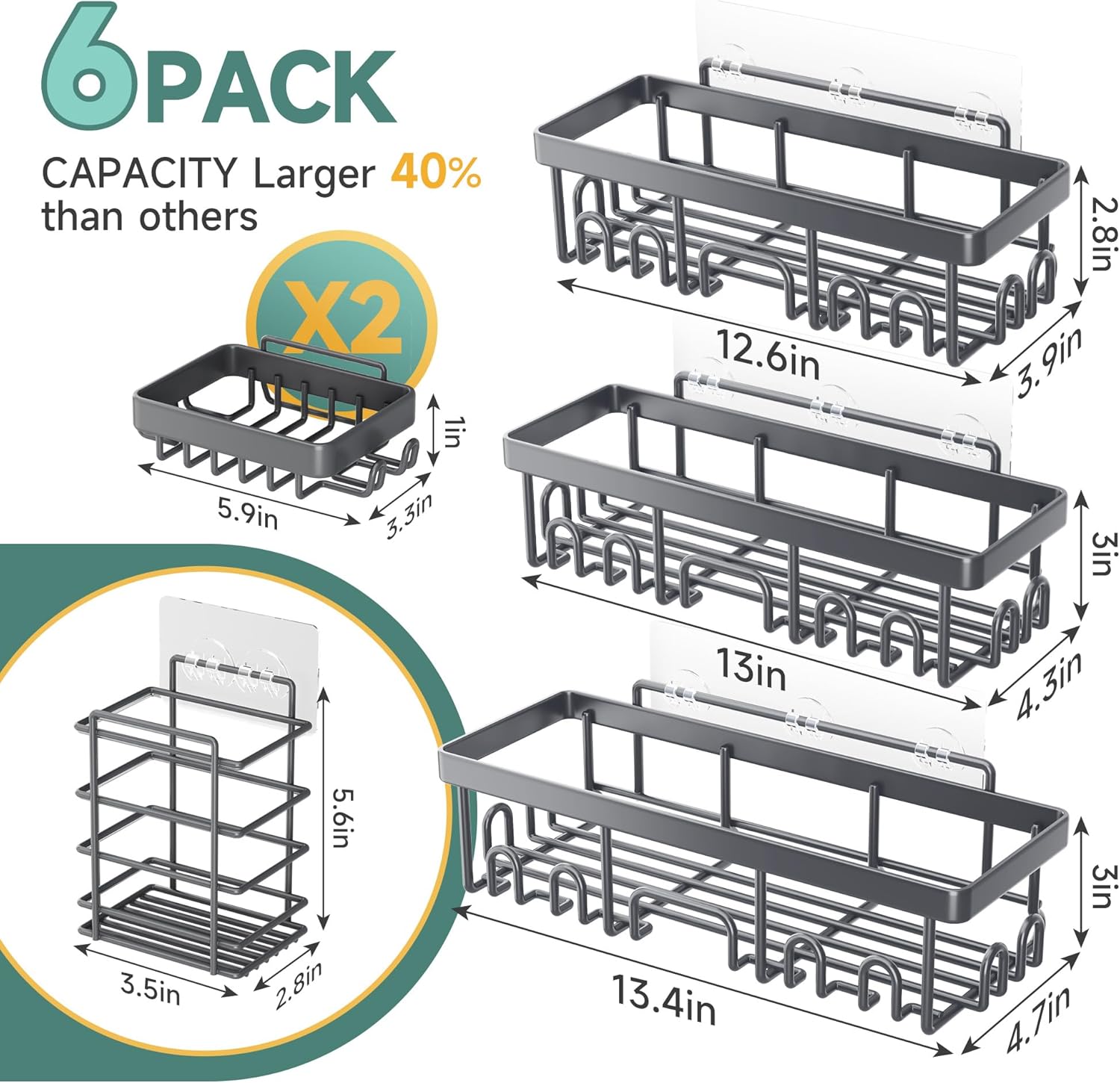 Veken Shower Caddy - Rustproof & Waterproof 6-Pack | No Drilling Adhesive Shelves, Large Capacity, Dark Grey