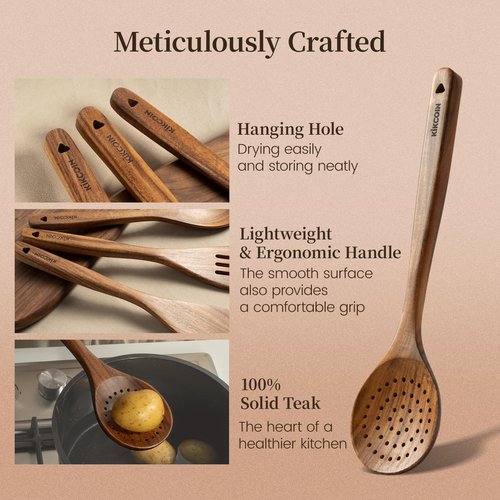 Kikcoin Wood Kitchen Utensils Set, 10 PCS Solid Teak Wooden Spoons for Cooking with Long Handle Heat-Resistant Wooden Cooking Utensils Set for Non-stick Cookware Including Hanging Hole