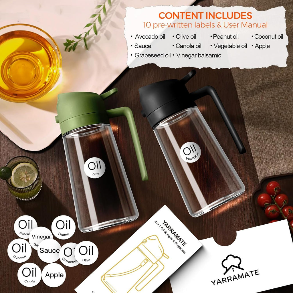 YARRAMATE Glass Olive Oil Sprayer - 2Pcs 16oz Food Grade Premium Spray Bottle for Cooking | Black & Olive Green