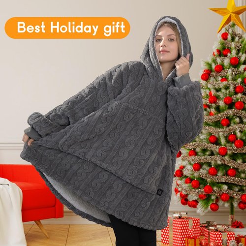 Dowin Heated Wearable Blanket Battery Powered, Come with 5000mAh Portable Rechargeable Charger, USB Fannel Sherpa Oversized Hoodie Sweatshirt, Machine Washable, Grey