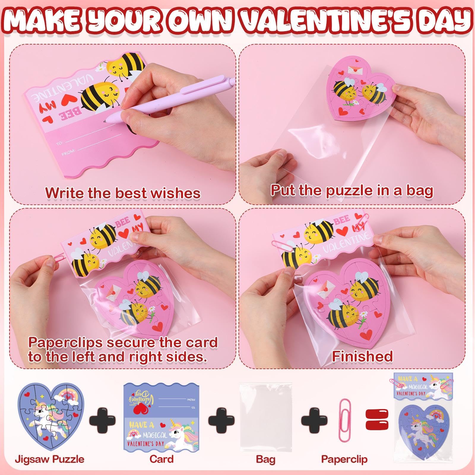 Seenelling 36 Sets Valentines Gifts for Kids Classroom Exchange, Animal Heart Puzzles with Cards, Clear Gift Bags & Clip, Cute Classroom Bulk Valentine Party Favors for Boys Girls School Gift Exchange