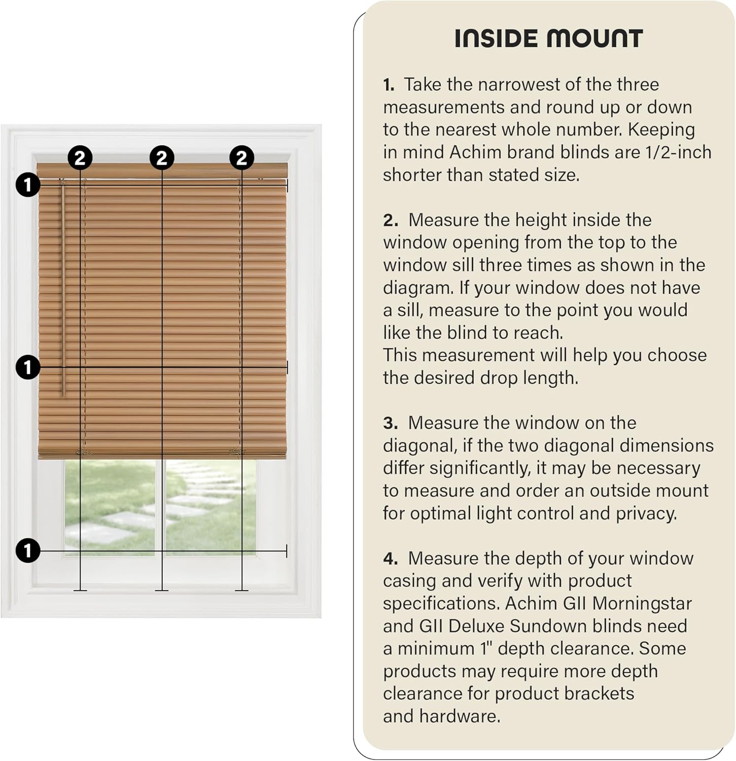 Achim Home Decor Cordless Mini Blinds - Light Filtering, Woodtone, 48" W x 64" L, 1" Slats