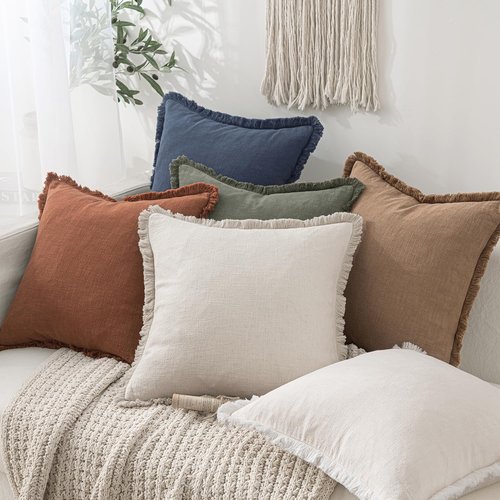 MIULEE Decorative Throw Pillow Covers - Set of 2 Neutral Beige Linen Fringe Cushions | 20x20 Inch Boho Farmhouse Decor