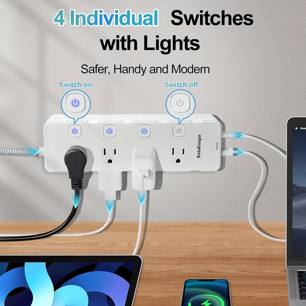 Skiennix 10 Ft Surge Protector Power Strip - 8 AC Outlets & 4 USB Ports with Individual Switches | Flat Plug Extension Cord for Home & Office