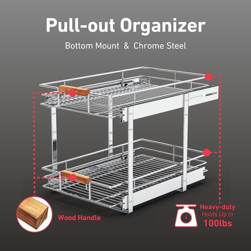 Mount Walker Pull Out Cabinet Organizer(11" W x 21" D), 2 Tier Wire Basket Slide Out Shelf Storage with Wood Handle, Pull Shelf Drawers for 12-1/4” Cabinet Opening, Chrome