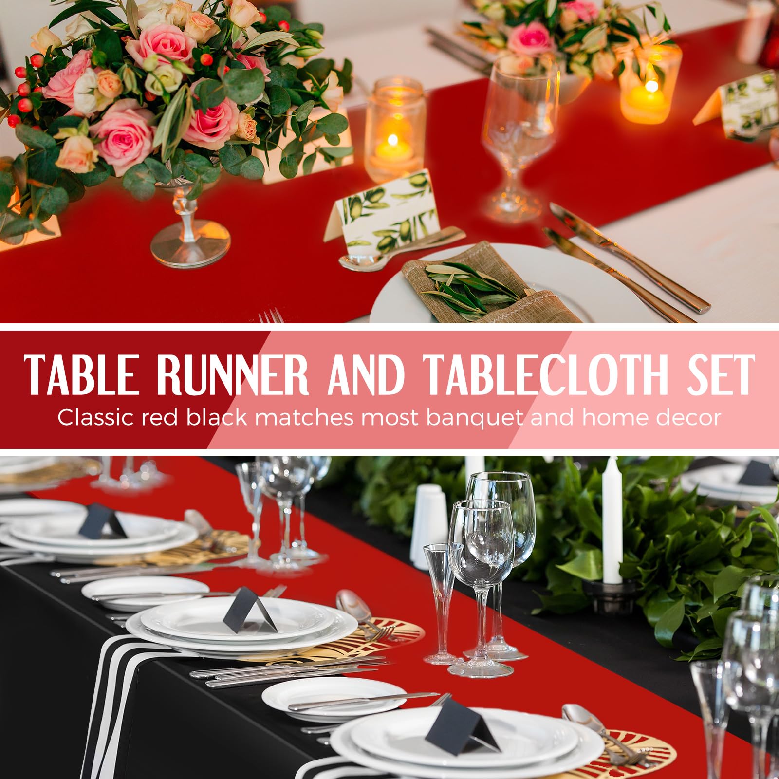 Tudomro 12 Pcs Black and Red Disposable Plastic Tablecloths and Satin Table Runner Set, 54 x 108 Inch Tablecloth, 12 x 108 Inch Table Runners for Wedding Baby Shower Birthday Party