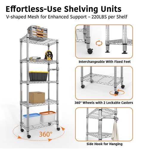 Metal Storage Shelves 5 Tier with Wheels, 1100 LBS Adjustable Wire Shelving Rack Shelves Units with Side Handle for Hanging, Rolling Shelf Organizer for Kitchen Garage, 11.8" W x 23.6" D x 61"H,Silver
