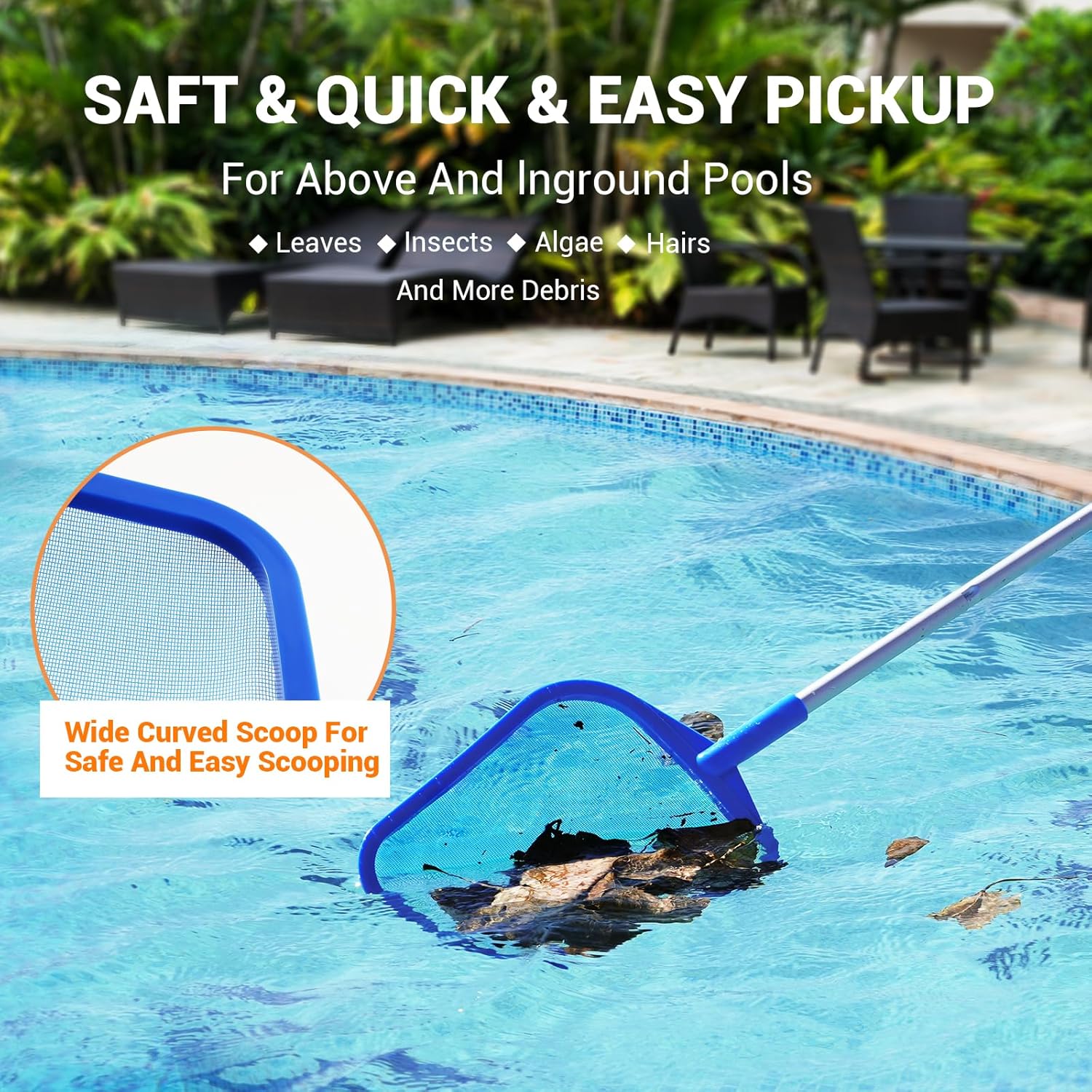 Skiennix Pool Skimmer - Adjustable Telescopic Aluminum Pole (23''-60'') with Ultra-Fine Mesh Net