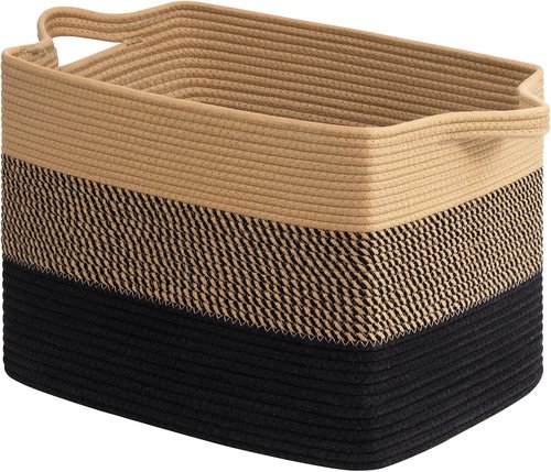Goodpick Large Woven Basket - 18" x 14" x 12" Cotton Rope Storage for Organizing | Black & Jute Design