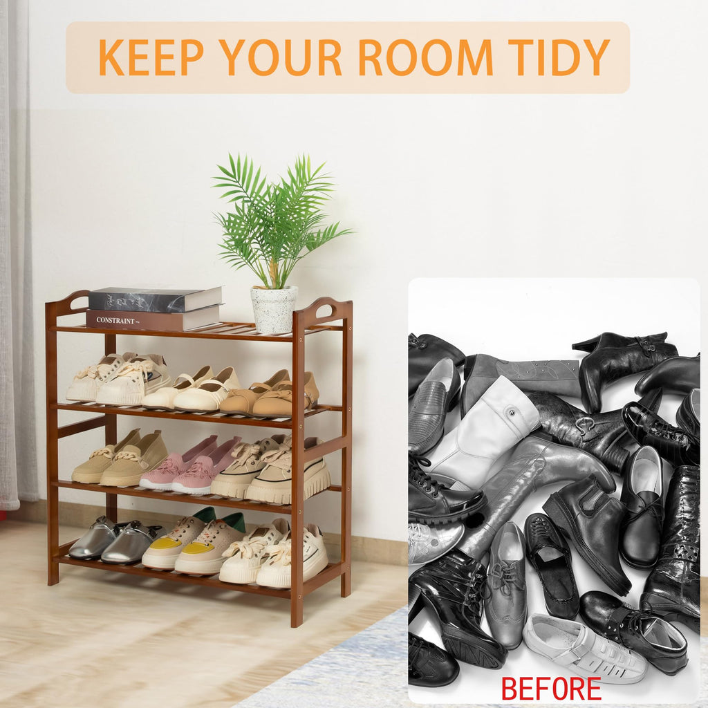 RMXANL 4 Tier Bamboo Shoe Rack, Free Standing Shoes Rack Shoe Shelf Shoe Organizer for Closet, Entryway, Bedroom, Living Room, Front Door, Studio, Bathroom