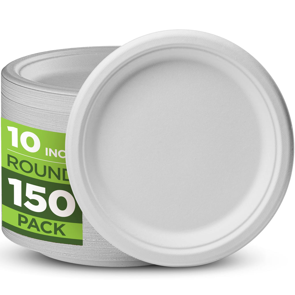 Munfix 100% Compostable Paper Plates 150 Pack, 10 Inch Heavy Duty Biodegradable Microwavable Disposable White Dinner Plates, Made of Eco-Friendly, Natural Sugarcane Bagasse