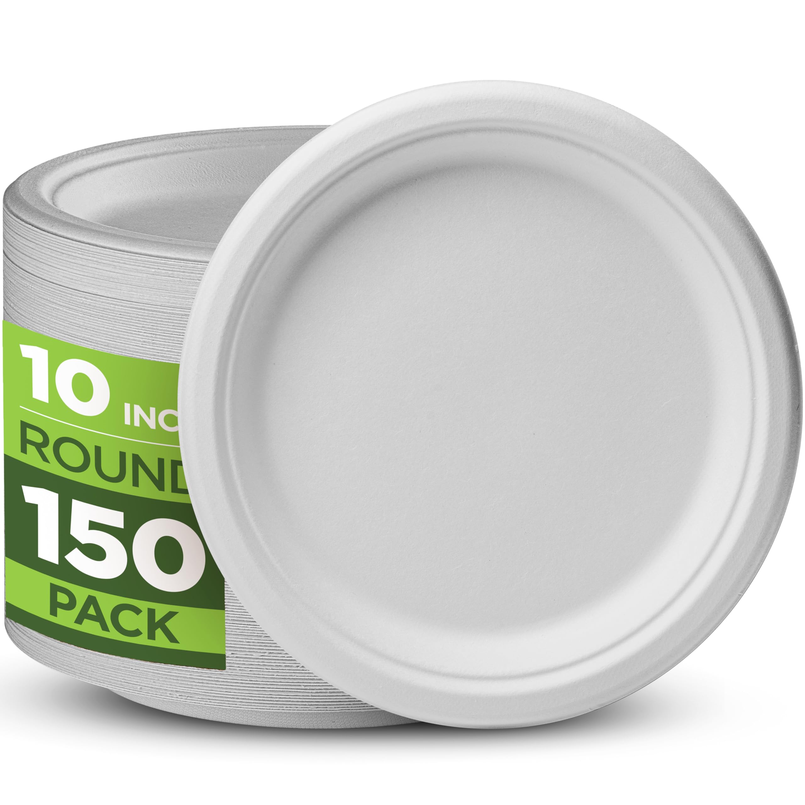 Munfix 100% Compostable Paper Plates 150 Pack, 10 Inch Heavy Duty Biodegradable Microwavable Disposable White Dinner Plates, Made of Eco-Friendly, Natural Sugarcane Bagasse