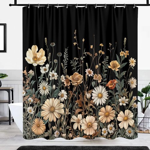 Vintage Boho Floral Shower Curtain, Cute Retro Bohemian Flower Botanical Aesthetic Decorative Shower Curtain Set with Hooks, Unique Dark Wildflower Rustic Farmhouse Shower Curtains for Bathroom 72X72