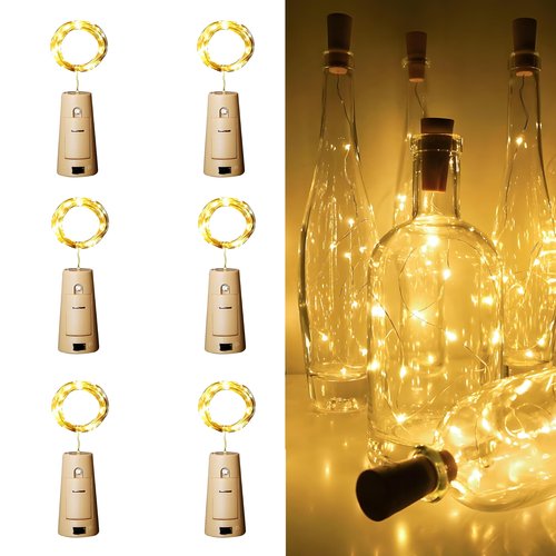 VIGROS Wine Bottle Lights with Cork, 20-LED 6.56ft 6-Pack DIY String Light with Battery up to 120hrs Work for Party Wedding Christmas Festival Bar Home Decoration, Warm White Jar Light Indoor Outdoor